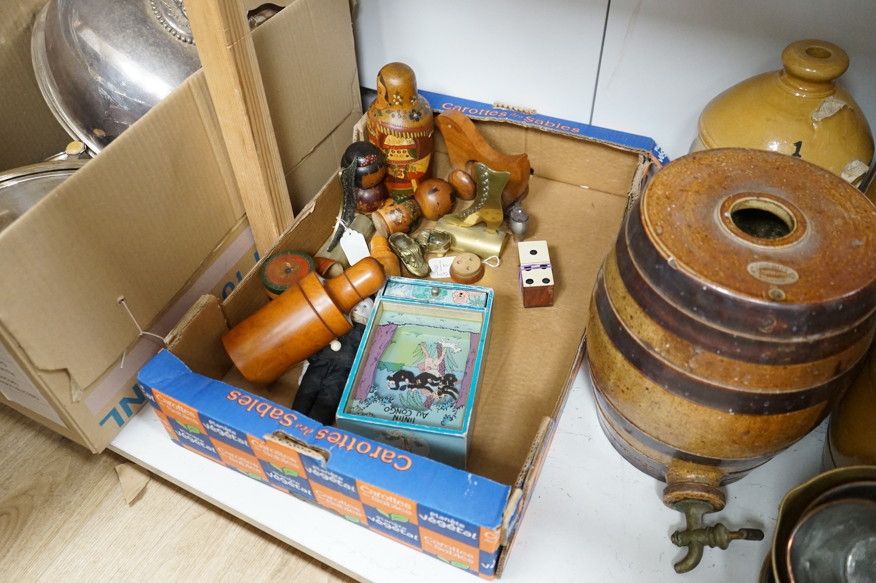 Sundry items to include quantity of treen, brassware and vintage Tin Tin Au Congo, largest 20cm high
